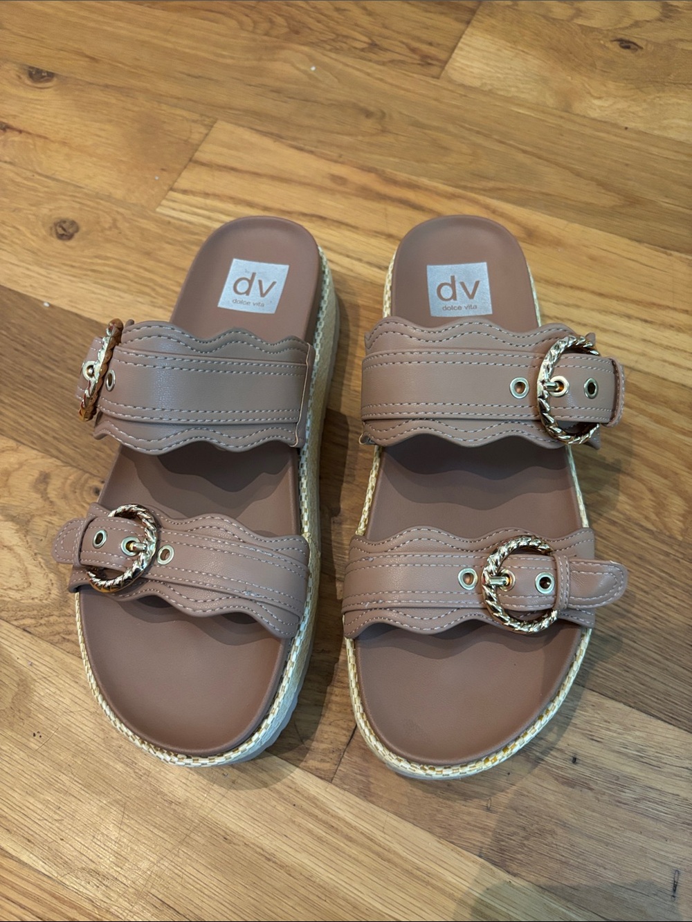 DV Dolce Vita Sheree Platform Slide Sandals Women Size 8.5 Cafe Brown Gold